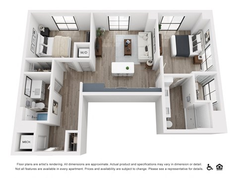 Floor plan for 2 beds, 2 baths, 1295 sqft